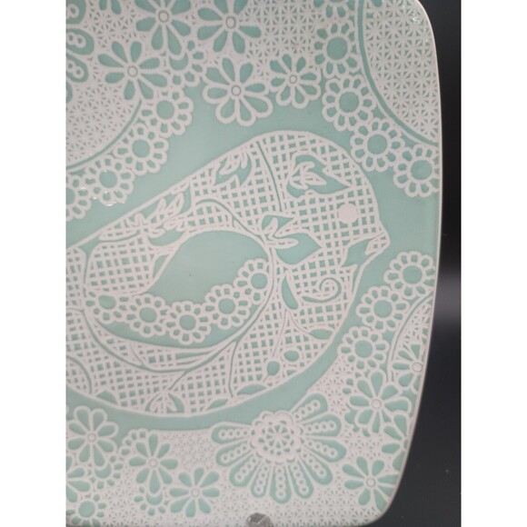 Roscher Canary Plate Embossed Bird Boho Teal Floral Square - Picture 2 of 6